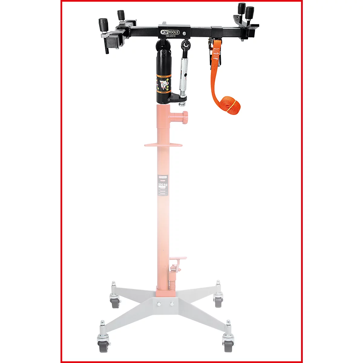 Hebebühne mit schwarzen und orangefarbenen Elementen, auf weißem Hintergrund.